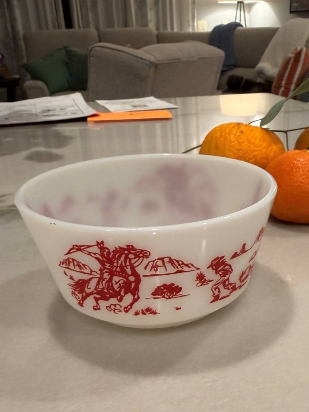 Vintage Hazel Atlas Red Cowboy Western Children’s Bowl White Milk Glass